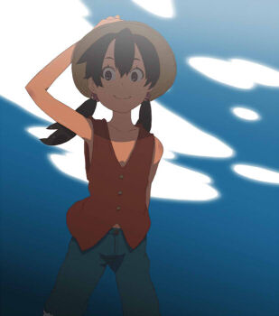 1girl arm_behind_back black_hair blue_background blue_pants brown_eyes buttons center-flap_bangs closed_mouth cloud collarbone commentary_request cowboy_shot double-parted_bangs flat_chest genderswap genderswap_(mtf) gradient_background hair_bobbles hair_ornament hand_up hat holding holding_unworn_clothes holding_unworn_hat legs_apart looking_down looking_to_the_side low_ponytail luffyko monkey_d._luffy naruneko_0000 one_piece pants ponytail raised_eyebrows red_vest shade sky smile solo standing straw_hat tareme twintails two-tone_background unworn_hat unworn_headwear v-neck vest water white_background