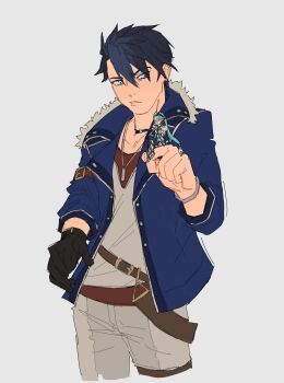 1boy 1girl absurdres black_gloves black_hair blue_eyes blue_hair bracelet commentary dog_tags eiyuu_densetsu elbow_gloves english_commentary frown fur_trim gloves grey_background hair_between_eyes hair_slicked_back highres jewelry kenjocatze kuro_no_kiseki kuro_no_kiseki_(series) kuro_no_kiseki_ii long_hair mare_(eiyuu_densetsu) multicolored_hair parted_bangs parted_lips short_hair simple_background single_glove streaked_hair twintails two-tone_hair upper_body van_arkride very_long_hair