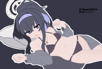 1girl absurdres bikini black_bikini black_hair blue_archive blue_background blue_hairband breasts cardigan cardigan_partially_removed commentary cowboy_shot crossed_bangs grey_cardigan hair_between_eyes hairband halo hands_up head_on_pillow highres long_hair long_sleeves looking_at_viewer lying official_alternate_costume on_side open_mouth outline pillow pixel_art simple_background slmnk10124 small_breasts solo swimsuit ui_(blue_archive) ui_(swimsuit)_(blue_archive) white_outline yellow_halo