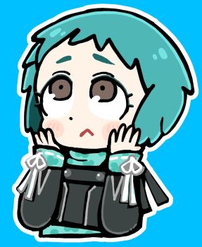 1girl :&lt; aqua_hair aqua_sweater bkub black_jacket blue_background blush_stickers brown_eyes closed_mouth cropped_torso deformed gekkoukan_high_school_uniform hands_on_own_cheeks hands_on_own_face highres jacket long_sleeves outline persona persona_3 school_uniform short_hair simple_background solo sweater upturned_eyes white_outline yamagishi_fuuka