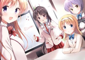 4girls :d =_= animal black_cat black_hair blonde_hair blue_bow blue_bowtie blue_eyes blush blush_stickers bow bowtie brown_eyes brown_jacket cat closed_mouth collared_shirt commentary daitoshokan_no_hitsujikai dutch_angle english_commentary gizaemon grey_hair hair_ribbon hairband hand_on_own_hip hand_up happy highres holding holding_animal holding_cat holding_marker indoors jacket long_hair long_sleeves looking_at_viewer marker miniskirt misono_senri multiple_girls necktie open_mouth orange_hair plaid_bow plaid_bowtie plaid_clothes plaid_necktie plaid_skirt pleated_skirt ponytail purple_eyes red_bow red_bowtie red_necktie red_ribbon red_skirt ribbon sakuraba_tamamo shirasaki_tsugumi shirt short_hair sitting skirt smile split_mouth standing suzuki_kana takepoison translation_request upper_body very_long_hair white_hairband white_shirt yellow_eyes