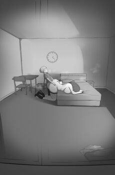 1boy 1girl :o age_difference animal_ears ass bed bedroom blush breast_press breasts clothed_sex fake_animal_ears fishnet_thighhighs fishnets grabbing_another's_ass grabbing_from_behind groping hannyasan huge_ass huge_breasts medium_hair monochrome on_bed original partially_undressed sex sex_from_behind shota sitting size_difference thighhighs