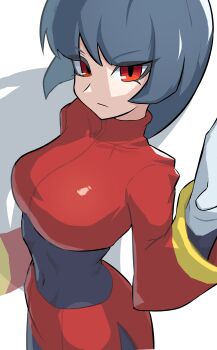 1girl blue_hair blunt_bangs bodysuit bodysuit_under_clothes breasts commentary_request cropped_jacket gloves hand_up highres jacket long_hair long_sleeves medium_breasts niisan2023 nintendo pencil_skirt pokemon pokemon_frlg red_eyes red_jacket red_skirt sabrina_(pokemon) side_slit skirt solo straight_hair turtleneck turtleneck_jacket white_gloves