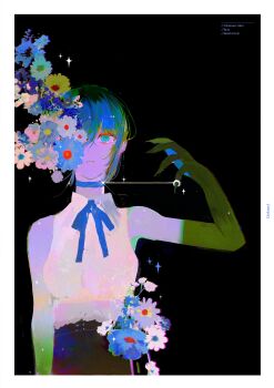 1girl absurdres arm_at_side black_choker border chainsaw_man character_name choker dio_knarf elbow_gloves explosion flower gloves green_eyes grenade_pin hair_between_eyes highres long_hair_between_eyes looking_at_viewer neck_ribbon parted_lips reze_(chainsaw_man) ribbon shirt shirt_tucked_in short_hair sleeveless solo upper_body white_border white_shirt