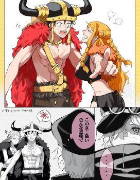 ... 1boy 2girls abs anger_vein belt belt_buckle black_hair braid braided_sidelock breasts brown_shorts buckle cape capelet choker commentary covered_mouth crop_top cross_scar d_e_r_e_l earrings facial_scar fake_horns from_side fur-trimmed_capelet fur_cape fur_trim goggles goggles_on_headwear gunko hair_over_one_eye hat helmet hiding hiding_behind_another highres horned_helmet horns jewelry large_breasts long_hair looking_at_another monkey_d._luffy multiple_girls nami_(one_piece) necklace official_alternate_costume one_eye_covered one_piece orange_hair pearl_earrings pectorals pinwheel pointing pointing_at_another pointing_at_viewer pout profile puff_of_air red_cape scar scar_on_cheek scar_on_face short_hair shorts shoulder_tattoo skirt speech_bubble spoken_ellipsis sweatdrop symbol-only_commentary tattoo tears thought_bubble translation_request wavy_hair yellow_capelet