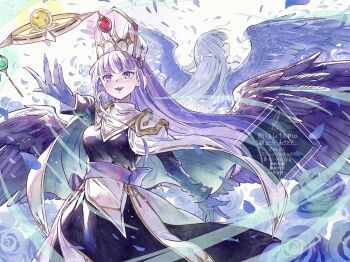 Rule 34 | 1girl, age progression, black wings, breasts, dress, duel monster, falling petals, feathered wings, feathers, highres, long hair, long sleeves, magic, mizutama (mizutamalion), night wing priestess, night wing sorceress, petals, pointy ears, priestess, purple eyes, smile, tagme, wings, yu-gi-oh!