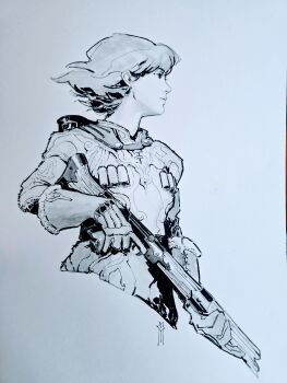 1girl absurdres closed_mouth commentary commission cropped_torso dress english_commentary floating_hair from_side fur-trimmed_gloves fur_trim gloves greyscale gun highres holding holding_gun holding_weapon kaze_no_tani_no_nausicaa long_sleeves miguel_mercado monochrome nausicaa nose profile second-party_source short_hair signature simple_background solo trigger_discipline weapon