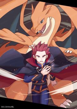 1boy black_cape blue_pants blue_shirt cape cape_clasp charizard claws dragon fangs gen_1_pokemon grey_eyes lance_(pokemon) long_sleeves looking_at_viewer mega_charizard_y mega_pokemon mega_stone nintendo open_mouth pants pokemon pokemon_(creature) pokemon_hgss popped_collar ratowa red_hair sharp_teeth shirt short_hair spiked_hair teeth wings