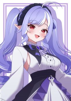 1girl ahoge alternate_hairstyle ascot bokutaaaa bow bowtie breast_curtains breasts center_frills cleavage commentary_request drill_hair drill_sidelocks frills gem hair_intakes hairband highres long_hair looking_at_viewer medium_breasts open_mouth pointy_ears purple_ascot purple_bow purple_bowtie purple_gem purple_hair purple_hairband red_eyes shrug_(clothing) sideboob_cutout sidelocks solo twintails upper_body vivian_banshee white_background white_shrug zenless_zone_zero