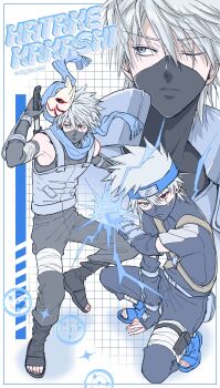 1boy absurdres age_progression bandaged_leg bandages black_gloves black_mask black_pants black_shirt black_shoes blue_headband blue_scarf blue_shoes blythecd character_name chest_strap commentary_request drawing_sword elbow_gloves fighting_stance fox_mask full_body gloves grey_eyes grey_hair grey_vest grid_background hair_between_eyes hatake_kakashi headband heterochromia highres holding holding_sword holding_weapon konohagakure_symbol male_focus mask mask_on_head mouth_mask multiple_views naruto_(series) one_eye_closed open-toe_shoes pants red_eyes scar scar_across_eye scar_on_face scarf shirt shoes short_hair sleeveless sleeveless_turtleneck solo spiked_hair sword sword_on_back turtleneck twitter_username upper_body vest weapon weapon_on_back