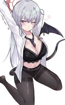 Rule 34 | 1girl, black bra, black panties, black pantyhose, black tail, black wings, blue archive, blush, bow, bow bra, bow panties, bra, braid, breasts, cleavage, commentary request, demon wings, grey hair, halo, haruna (blue archive), highres, lace, lace bra, lace panties, large breasts, long hair, looking at viewer, navel, one eye closed, open clothes, open shirt, panties, panties under pantyhose, pantyhose, pewpew, piercing, red eyes, red halo, shirt, single wing, sitting, smile, solo, stretching, tail, thighband pantyhose, underwear, white background, white shirt, wing piercing, wings