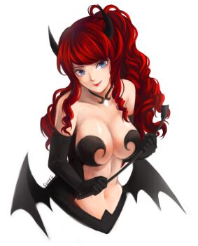 Rule 34 | 1girl, artist request, bare shoulders, blue eyes, breasts, cleavage, demon girl, female focus, highres, horns, large breasts, long hair, looking at viewer, navel, red hair, riding crop, smile, solo, upper body, wavy hair