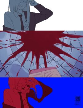 1girl absurdres black_jacket black_necktie blood blood_on_wall blue_background chainsaw_man gm_gn8 highres jacket necktie power_(chainsaw_man) severed_leg severed_limb single_off_shoulder thumbnail_collage v white_background