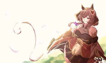 1girl absurdres animal_ears b0tam0chi3 bare_shoulders black_bow black_bowtie blush bow bowtie braid braided_hair_rings breasts brown_hair closed_mouth commentary_request corset detached_sleeves ear_covers ear_ornament flower gentildonna_(regina_dei_fiori)_(umamusume) gentildonna_(umamusume) gloves hair_between_eyes hair_ornament hair_rings heart-shaped_ornament heart_ear_ornament highres holding holding_flower horse_ears horse_girl horse_tail large_breasts long_hair purple_flower red_corset red_eyes see-through_cleavage see-through_clothes smile solo tail umamusume white_gloves