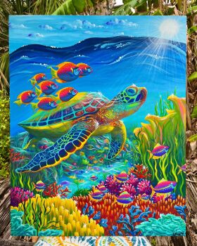 acrylic_paint_(medium) animal animal_focus canvas_(medium) cloud commentary coral day english_commentary erinwoodyart fish highres no_humans original outdoors painting_(medium) scenery sea_turtle seaweed sun traditional_media tropical_fish turtle underwater water