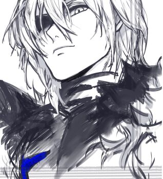 Rule 34 | 1boy, armor, black armor, black fur, breastplate, closed mouth, dimitri alexandre blaiddyd, dimitri alexandre blaiddyd (timeskip), eyepatch, fire emblem, fire emblem: three houses, fur trim, hair between eyes, hakopopo, highres, looking at viewer, male focus, medium hair, nintendo, one eye covered, portrait, simple background, solo, spot color, unfinished, white background