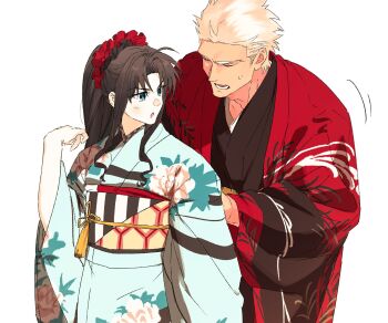 Rule 34 | 1boy, 1girl, archer (fate), bare shoulders, black kimono, blue eyes, blue kimono, brown hair, closed eyes, commentary request, cowboy shot, dark-skinned male, dark skin, fate/stay night, fate (series), floral print, hand up, haori, headdress, highres, honeycomb (pattern), japanese clothes, kimono, korean commentary, leaf print, long hair, long sleeves, looking at another, looking back, onyajj, open clothes, open mouth, red haori, red headdress, ribbon, sash, sidelocks, simple background, spiked hair, standing, striped sash, sweatdrop, tassel, teeth, tohsaka rin, tongue, v-shaped eyebrows, wavy hair, white background, white hair, white sash, wide sleeves, yellow ribbon, yellow sash, yukata