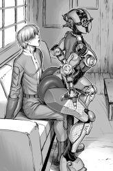 1boy 1girl ass assaultron boots couch double_deck fallout fallout_76 gloves hair_over_eyes hetero highres indoors lap_dance monochrome open_mouth robophilia robot robot_girl short_hair sitting