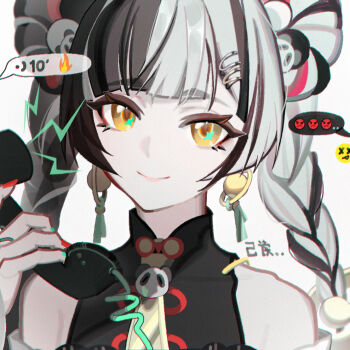 1girl bare_shoulders black_hair braid braided_twintails china_dress chinese_clothes commentary_request detached_sleeves dialyn_(zenless_zone_zero) dress earrings emoji hair_ornament jewelry josephbonanno9 long_hair looking_at_viewer multicolored_hair necktie phone solo split-color_hair white_hair yellow_eyes zenless_zone_zero