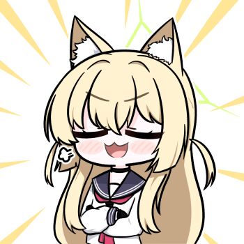 1girl :3 :d animal_ear_fluff animal_ears black_choker black_gloves black_sailor_collar blonde_hair blue_archive blush blush_stickers chibi chibi_only choker closed_eyes commentary_request crossed_arms doyagao emphasis_lines facing_viewer fox_ears fox_girl gloves hair_between_eyes highres korean_commentary kurumi_(blue_archive) long_hair long_sleeves mora_(moragooyoo) neckerchief open_mouth outline partial_commentary puff_of_air red_neckerchief sailor_collar school_uniform serafuku shirt sidelocks simple_background smile smug solo straight_hair two_side_up upper_body v-shaped_eyebrows very_long_hair white_background white_outline white_shirt