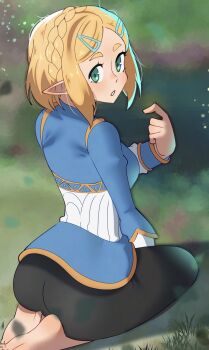 1girl absurdres ass barefoot black_pants blue_shirt blurry blurry_background blush braid breasts commentary crown_braid gjh green_eyes highres long_sleeves looking_at_viewer looking_back medium_breasts nintendo no_gloves on_ground pants parted_lips pointy_ears princess_zelda seiza shirt sitting solo the_legend_of_zelda the_legend_of_zelda:_tears_of_the_kingdom