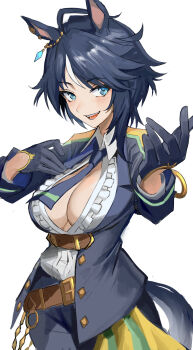 Rule 34 | 1girl, absurdres, ahoge, animal ears, belt, black gloves, black hair, black jacket, black necktie, black pants, blue eyes, blush, breasts, brown belt, center frills, center opening, collared shirt, ear ornament, ear piercing, franz2543, frilled shirt, frills, fuji kiseki (shooting star revue) (umamusume), fuji kiseki (umamusume), gloves, grin, hair between eyes, highres, horse ears, horse girl, horse tail, jacket, large breasts, long sleeves, looking at viewer, multicolored hair, necktie, open mouth, pants, piercing, shirt, short hair, simple background, smile, solo, tail, teeth, umamusume, white background, white hair, white shirt