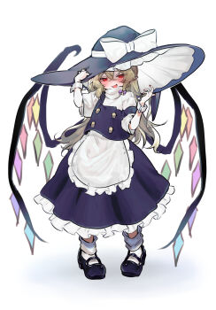 1girl absurdres alternate_costume alternate_hairstyle aorin_oekaki apron black_hat black_shoes black_skirt black_vest blonde_hair blush bow braid commentary_request cosplay crystal fang flandre_scarlet frilled_skirt frills full_body hair_bow hand_on_headwear hat hat_bow highres kirisame_marisa kirisame_marisa_(cosplay) long_hair looking_at_viewer multicolored_wings open_mouth pointy_ears purple_bow red_eyes red_nails shoes short_sleeves side_braid single_braid skirt smile socks solo strap_slip touhou very_long_hair vest waist_apron white_apron white_bow white_socks white_wrist_cuffs wings witch_hat wrist_cuffs