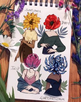 Rule 34 | 4girls, breasts, chrysanthemum, cleavage, crop top, dark-skinned female, dark skin, dress, feefal, flower, highres, leaf, long sleeves, multiple girls, object head, original, plant, poppy (flower), procreate (medium), shirt, skirt, sunflower, t-shirt, tulip, upper body