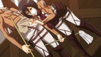 1boy 1girl affair bad_tag bent_over betrayal black_eyes black_hair boots censored cheating_(relationship) cropped_jacket disgrace disgust erection floor hair_between_eyes half_mask holding holding_mop imminent_fellatio indoors jacket jean_kirstein knee_boots leaning_forward legs legs_apart looking_down male_pubic_hair mask matching_hair/eyes mikasa_ackerman military military_uniform mop mosaic_censoring netorare out_of_character paradis_military_uniform penis pubic_hair red_scarf scarf shingeki_no_kyojin short_hair skirt solo_focus standing takapiko thigh_strap thighs unfaithful