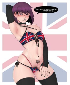 1girl absurdres amelia_(pathways) arm_behind_head armpits bikini bikini_bottom_pull blush breasts choker cleavage come_hither cross english_text escriba half-closed_eyes hand_on_lap hand_on_own_leg hand_on_own_thigh heart highres in_heat legs looking_at_viewer makeup medium_breasts naughty_face navel navel_piercing parted_lips pathways_(game) piercing pink_lips presenting pubic_hair pulling_own_clothes purple_eyes purple_hair seductive_gaze seductive_smile side-tie_bikini_bottom smile solo speech_bubble spoken_heart swimsuit teeth thick_thighs thighs thong_bikini toned union_jack union_jack_print