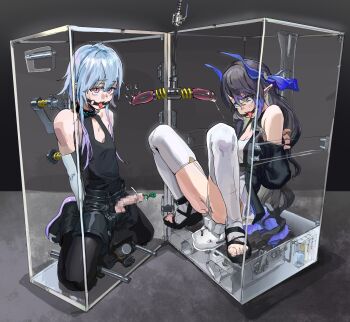 1boy 1girl a_tea arknights arms_behind_back bare_shoulders bdsm black_shirt blue_eyes blue_hair bondage bound catheter censored collar collarbone dildo gag gagged grey_hair highmore_(arknights) highres indoors long_bangs long_hair looking_at_another looking_at_viewer medium_hair mizuki_(arknights) mosaic_censoring panties penis pink_eyes restrained ring_gag sandals separated_legs sex_toy shirt shoes short_hair shorts sitting skindentation sleeveless sleeveless_shirt sneakers thighhighs tongue tongue_out tongue_piercing_gag underwear very_long_hair white_panties white_thighhighs