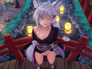 4girls animal_ears artist_name blush breasts bridge character_request choko_(cup) clothes_pull collarbone cup drop_shadow efreezerarts fangs fox_ears fox_girl fox_tail geta half-closed_eyes highres japanese_clothes kimono komachi_panko lantern long_hair looking_at_viewer multiple_girls naughty_face no_panties o_o obi off_shoulder open_mouth outdoors phase_connect pink_hair pipkin_pippa public_indecency purple_eyes pussy sandals sash small_breasts solo_focus standing tail tenma_maemi textless_version variant_set virtual_youtuber white_hair