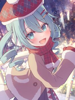 1girl absurdres aqua_eyes aqua_hair blush christmas commentary_request fur-trimmed_headwear fur-trimmed_sleeves fur-trimmed_sweater fur_trim hair_between_eyes hair_ornament hat hatsune_miku highres long_hair looking_at_viewer meemen night open_mouth outdoors plaid_clothes plaid_hat plaid_scarf red_hat red_scarf scarf smile solo sweater twintails vocaloid