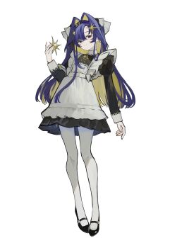 1girl apron black_dress black_hairband black_shoes blonde_hair blue_eyes blue_hair closed_mouth colored_inner_hair dress frilled_apron frills full_body hair_intakes hair_ornament hairband hand_up highres holding holding_star juliet_sleeves long_hair long_sleeves looking_at_viewer mary_janes multicolored_hair pantyhose puffy_sleeves reverse:1999 school_uniform shoes short_dress smile solo soviet_school_uniform standing star_(symbol) star_hair_ornament toke_ino very_long_hair voyager_(reverse:1999) white_apron white_background white_pantyhose