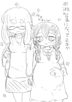 2girls bloated goma_(88751313) graphite_(medium) holding_hands ips_cells_(meme) kuroki_tomoko multiple_girls naruse_yuu traditional_media yuri yuri_(project_moon)_(cosplay)