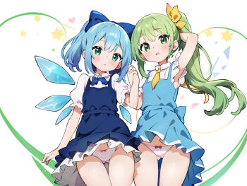 2girls :o alternate_hairstyle aqua_dress arm_up armpits bare_arms blue_bow blue_bowtie blue_dress blue_hair blush bow bow_panties bowtie chikuzen1996 cirno commentary cowboy_shot daiyousei detached_wings dress fairy gluteal_fold green_hair hair_bow hair_ribbon hand_grab heart highres ice ice_wings interlocked_fingers long_hair looking_at_viewer multiple_girls multiple_wings necktie panties pantyshot pinafore_dress ponytail presenting_armpit puffy_short_sleeves puffy_sleeves ribbon shirt short_necktie short_sleeves side_ponytail sleeveless sleeveless_dress thigh_gap thighs touhou underwear upskirt very_long_hair white_panties white_shirt wings yellow_necktie yellow_ribbon yuri