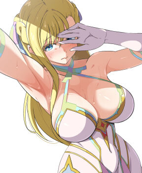1girl armpits blonde_hair blue_eyes blush braid breasts cleavage commentary_request covering_own_face criss-cross_halter dress elbow_gloves embarrassed gloves halter_dress halterneck highres large_breasts long_hair mana_(monster_strike) monster_strike presenting_armpit sasasasa_tosh simple_background solo sweat white_background