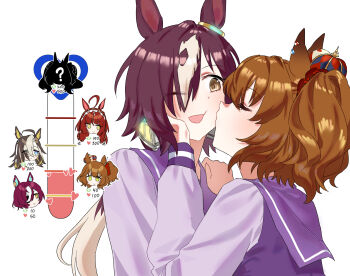 6+girls animal_ears aston_machan_(umamusume) baejimile black_hair blue_eyes blush bow brown_hair closed_eyes closed_mouth commentary crown daiwa_scarlet_(umamusume) dream_journey_(umamusume) eyepatch glasses green_eyes hair_over_one_eye highres horse_ears horse_girl kiss kiss_meter_(meme) kissing_cheek long_hair long_sleeves looking_at_another meme mini_crown multicolored_hair multiple_girls one_side_up open_mouth purple_sailor_collar purple_shirt red_desire_(umamusume) red_hair red_veil sailor_collar school_uniform shirt symbol-only_commentary tanino_gimlet_(umamusume) tracen_school_uniform twintails two-tone_hair umamusume veil vodka_(umamusume) white_bow white_hair yellow_eyes yuri