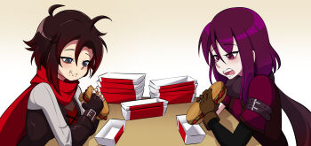 2girls arm_strap bags_under_eyes bmkro brown_gloves brown_hair cape character_request chewing closed_mouth commentary commission eating english_commentary fingerless_gloves food food_on_face gloves grey_eyes highres holding holding_food holding_sandwich messy_hair multiple_girls open_mouth purple_eyes purple_hair red_cape ruby_rose rwby sandwich sandwiched short_hair simple_background submarine_sandwich table white_background