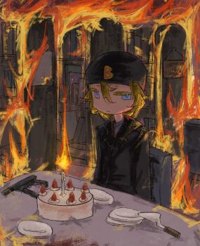 Rule 34 | 1boy, animification, arms at sides, black coat, black hat, blonde hair, blue eyes, bookshelf, bright pupils, cake, candle, chair, closed mouth, clothes writing, coat, colored eyelashes, commentary, dated commentary, deformed, dylan klebold, fire, food, fruit, grey shirt, gun, hat, highres, indoors, jitome, lapels, looking at viewer, male focus, night, no nose, on chair, plate, real life, shirt, short hair, sign, simple background, sitting, smile, solo, strawberry, strawberry cake, table, tangguaqiezi, true crime, underlighting, untranslatable commentary, weapon, white pupils