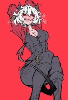 Rule 34 | 1girl, absurdres, arms behind back, bdsm, black boots, black horns, black pants, black vest, blush, bondage, boots, bound, breasts, demon, demon girl, demon horns, demon tail, embarrassed, helltaker, highres, horns, looking at viewer, malina (helltaker), pants, red background, red eyes, red shirt, rope, senukin, shirt, steaming body, tail, vest, white hair