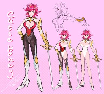 armor artist_name cleavage_cutout clothing_cutout cutie_honey cutie_honey_(character) cutie_honey_nova gold highres honey lingerie mechanical_legs pink_hair rapier red_eyes redesign retro_artstyle short_hair shoulder_armor shutwig sword underwear weapon