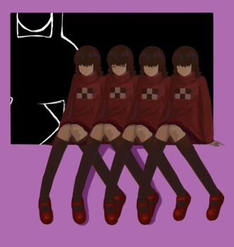 00_myoo 4girls black_socks braid brown_hair clone closed_eyes faceless faceless_female hashtag-only_commentary kneehighs knees_together_feet_apart long_hair long_sleeves madotsuki mary_janes multiple_girls pink_sweater red_shoes shoes sitting skirt socks sweater turtleneck twin_braids yume_nikki