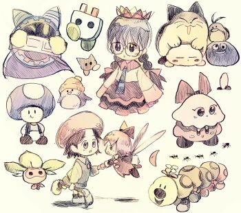 Rule 34 | adeleine, beret, black eyes, black hair, blue toad (mario), bow, braid, chuchu (kirby), closed eyes, crown, fairy, fairy wings, gooey (kirby), hat, highres, holding, holding paintbrush, kirby, kirby's dream land 3, kirby's return to dream land, kirby (series), kirby 64, long hair, low twin braids, magolor, mario (series), n-z, nago (kirby), nintendo, paintbrush, pitch (kirby), red bow, ribbon (kirby), ripple star queen, skirt, sleeves past fingers, sleeves past wrists, suyasuyabi, toad (mario), twin braids, wiggler, wings, yellow eyes