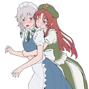 2girls apron back_bow beret blue_dress blue_eyes blush bow braid commentary_request cowboy_shot curtained_hair dress frilled_apron frilled_sleeves frills from_side green_bow green_dress green_hat green_ribbon grey_hair hair_bow hat highres hong_meiling hug hug_from_behind izayoi_sakuya leaning_forward looking_at_viewer lower_teeth_only maid maid_apron maid_headdress multiple_girls neck_ribbon one_eye_closed open_mouth parted_lips puffy_short_sleeves puffy_sleeves red_eyes red_hair ribbon short_sleeves side_slit simple_background smile sweatdrop teeth touhou turning_head twin_braids white_apron white_background white_bow white_headdress youpofen yuri