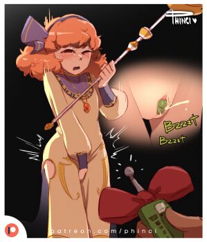 1girl absurdres artist_name between_legs black_background blue_hairband blush border bow cleft_of_venus clitoral_hood clitoris close-up controller disembodied_hand dress egg_vibrator embarrassed female_focus fire_emblem fire_emblem_echoes:_shadows_of_valentia flat_chest gem genny_(fire_emblem) hairband half-closed_eye hand_between_legs hand_up have_to_pee highres holding holding_staff huge_filesize jewelry long_sleeves motion_blur multiple_views necklace nintendo nose_blush one_eye_closed open_mouth orange_hair patreon_logo patreon_username pee peeing peeing_self phinci pussy red_bow red_eyes remote_control remote_control_vibrator sex_toy short_hair side_slit signature simple_background staff standing teeth textless_version thigh_gap trembling uncensored vibrator vibrator_under_clothes watermark web_address white_border wireless_sex_toy_controller