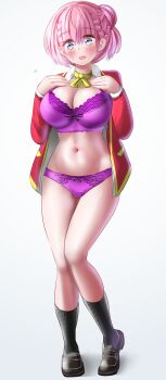 1girl aqua_eyes blue_eyes blush bokutachi_wa_benkyou_ga_dekinai bra braid breasts cleavage collarbone full_body gu~derenko hair_bun hand_on_own_chest highres kirisu_mafuyu large_breasts legs long_hair looking_at_viewer navel open_clothes pink_hair school_uniform shoes single_hair_bun socks solo stomach thigh_gap thighs underwear undressing