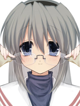 Rule 34 | 1girl, absurdres, adjusting eyewear, black hairband, blue eyes, clannad, closed mouth, glasses, grey hair, hair between eyes, hairband, highres, hikarizaka private high school uniform, light smile, long hair, looking at viewer, nemu (zutto oyasu3), sailor collar, sakagami tomoyo, school uniform, serafuku, solo, straight hair, turtleneck, upper body