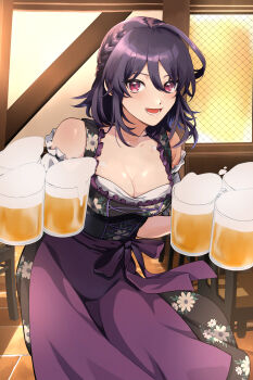 1girl absurdres alcohol alternate_costume apron bare_shoulders beer beer_mug black_dress braid breasts chair cleavage commentary_request commission crown_braid cup dirndl dress fault floral_print floral_print_dress foam fuku_dan german_clothes hair_between_eyes highres holding holding_cup indoors large_breasts long_hair looking_at_viewer lower_teeth_only mug off-shoulder_shirt off_shoulder open_mouth pinafore_dress print_dress purple_apron purple_eyes purple_hair ritona_reighnvhasta shirt skeb_commission sleeveless sleeveless_dress smile solo tavern teeth waitress white_shirt