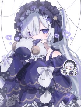 1girl blue_dress chibi chibi_inset commentary_request covering_own_mouth dress frilled_dress frills gothic_lolita hair_over_one_eye hairband heart highres holding holding_stuffed_toy jewelry lolita_fashion lolita_hairband long_hair long_sleeves looking_at_viewer magical_girl mahou_shoujo_no_majo_saiban natsume_an-an necklace pote_(pote_39) solo stuffed_animal stuffed_sheep stuffed_toy white_background